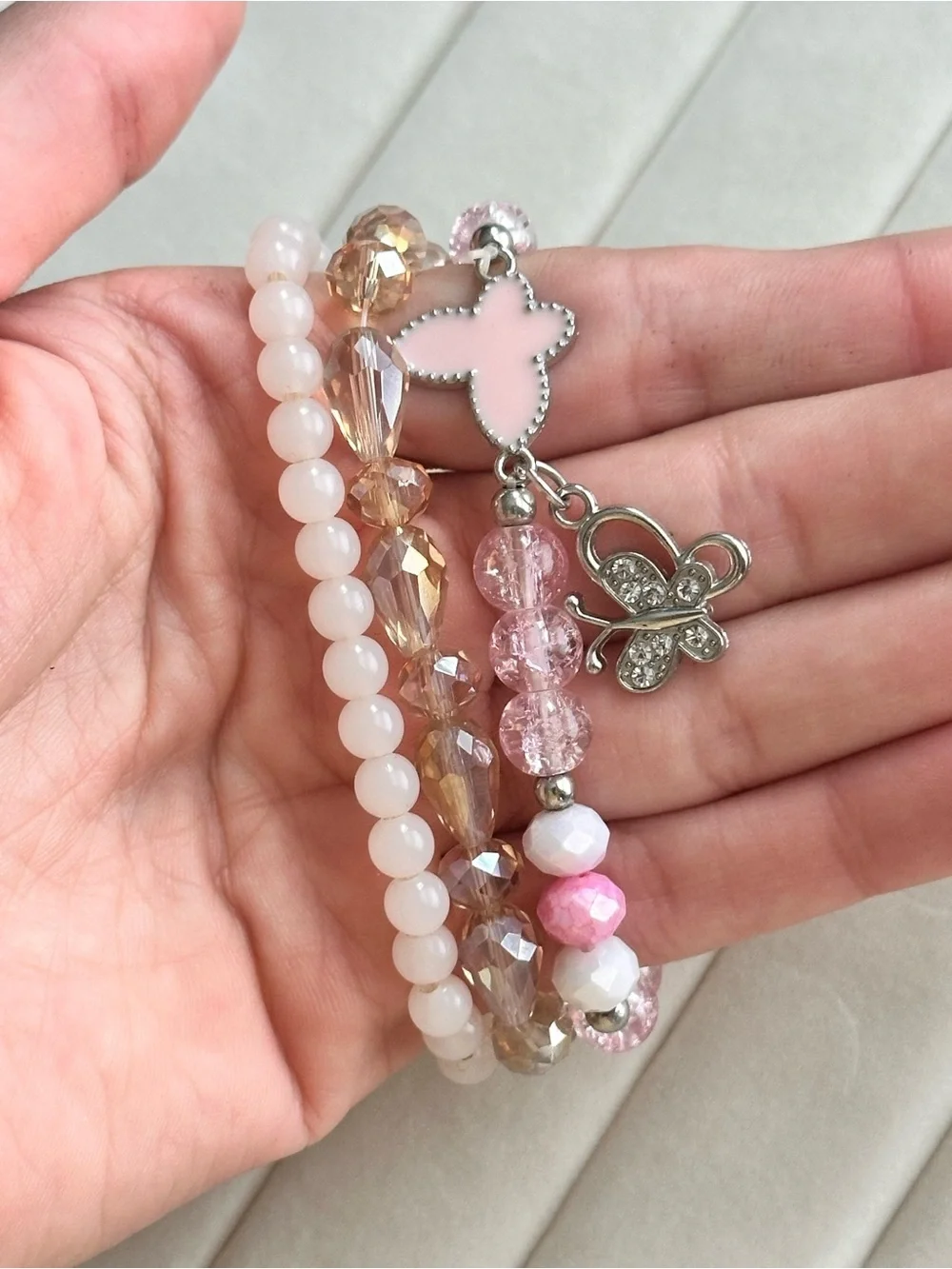 Pink Beaded Butterfly Charm Bracelet Set
